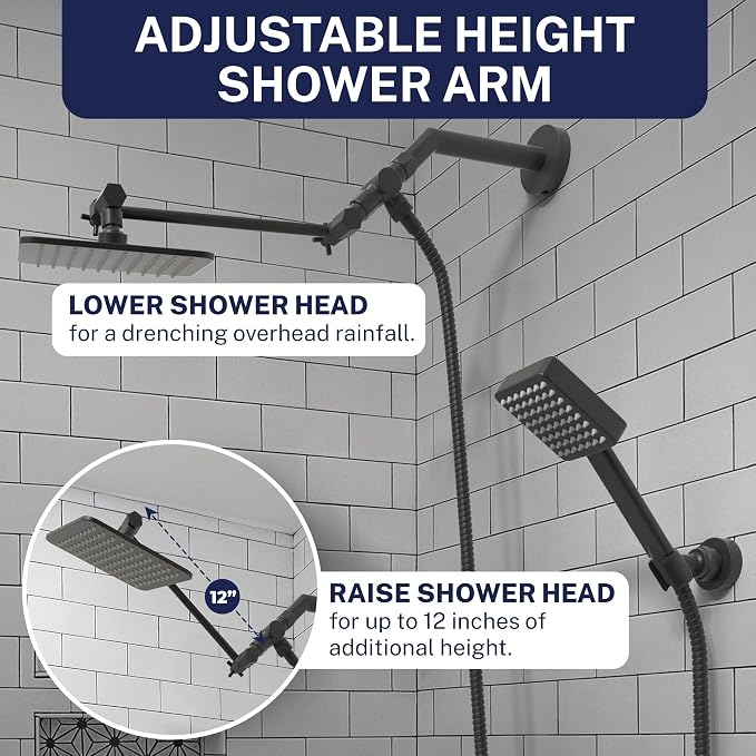 HammerHead® Solid Metal Dual Shower Head Combo — 8" Square Rain Shower Head - Image 4