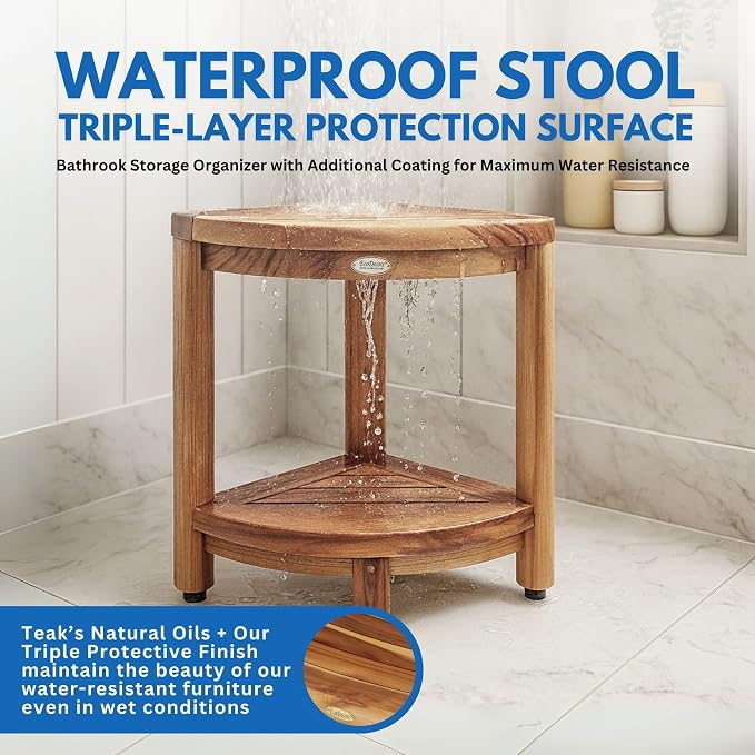 DecoTeak Teak Corner Shower Shelf – 2 Tier Waterproof Bathroom Storage - Image 7