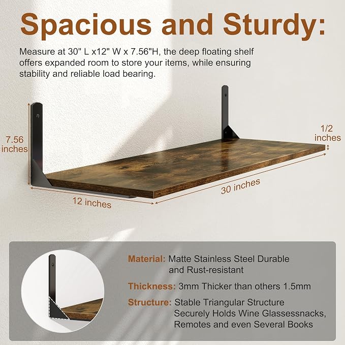30" W x 12" D Floating Shelves for Wall, Deep Wall Shelves - Image 3