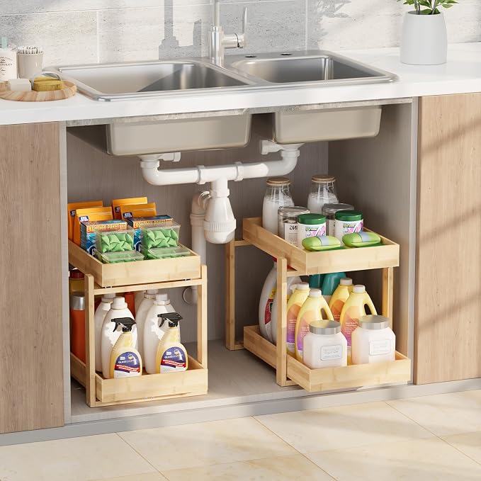 2 Pack Under Sink Organizer, Bamboo Wooden 2-Tier Pull-Out Storage by HEALTHYYOU