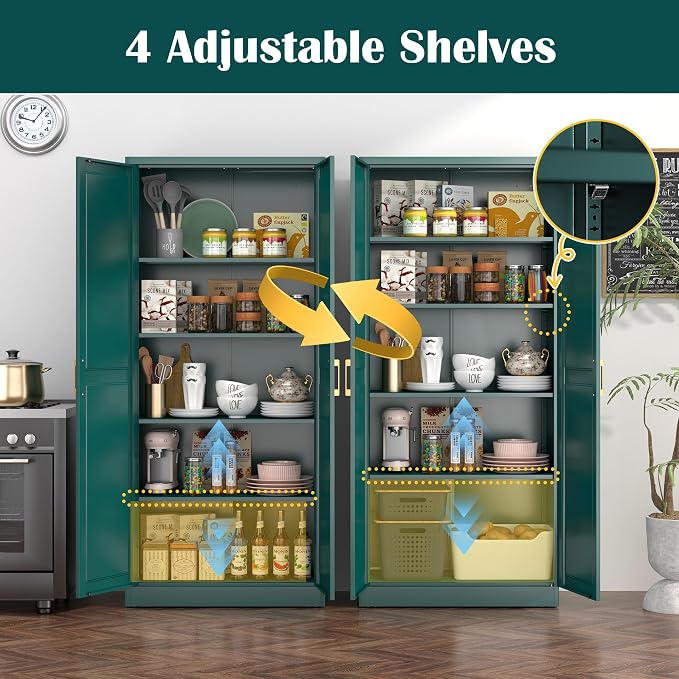 Kitchen Pantry Cabinet, 71”Green Metal Pantry Storage Cabinets - Image 5