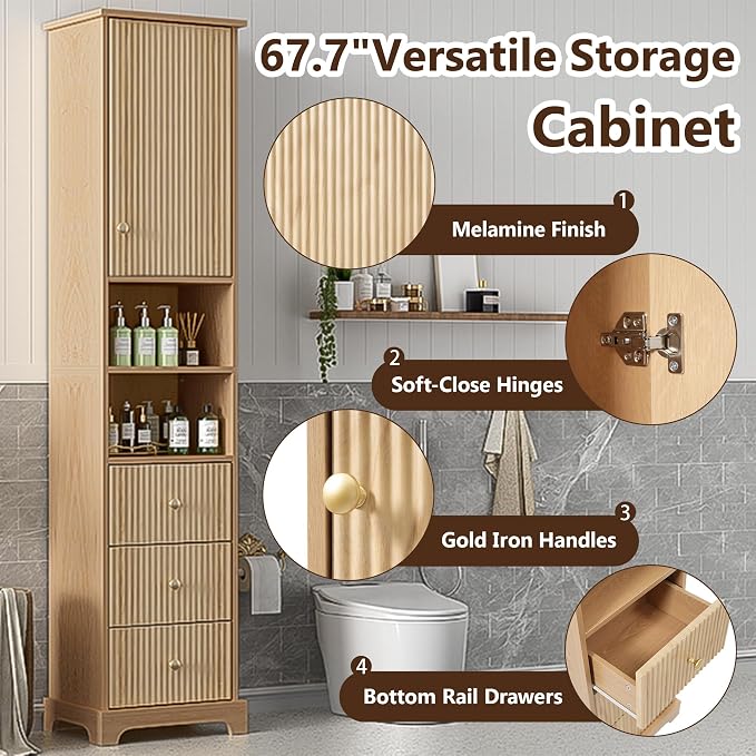 68" Fluted Tall Narrow Storage Cabinet - Image 5