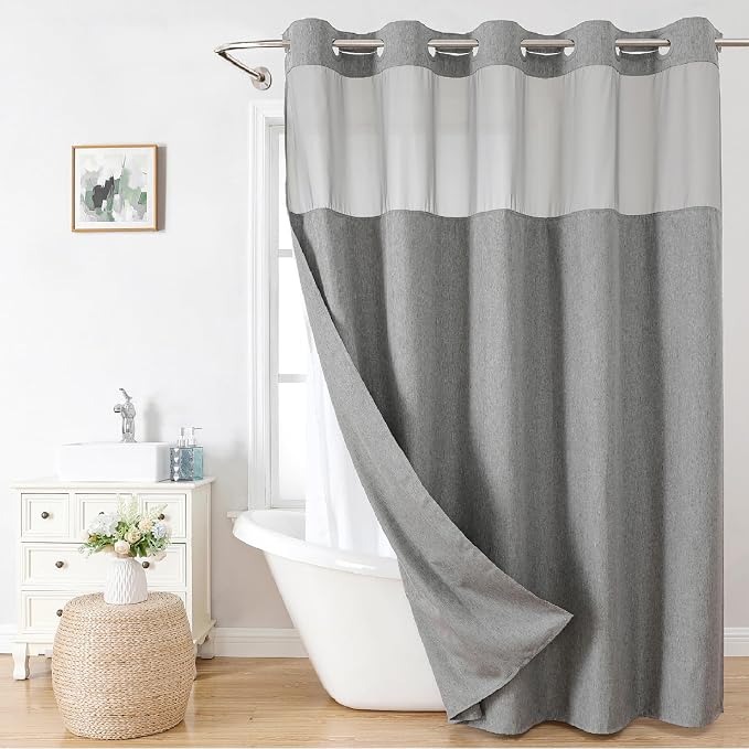 Extra Long No Hooks Needed Linen Textured Shower Curtain by EACHOPE