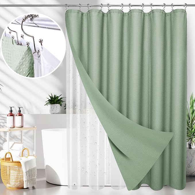 LaCyan 3 in 1 Waterproof Waffle Weave Shower Curtain and Clear Liner Set by Lacyan