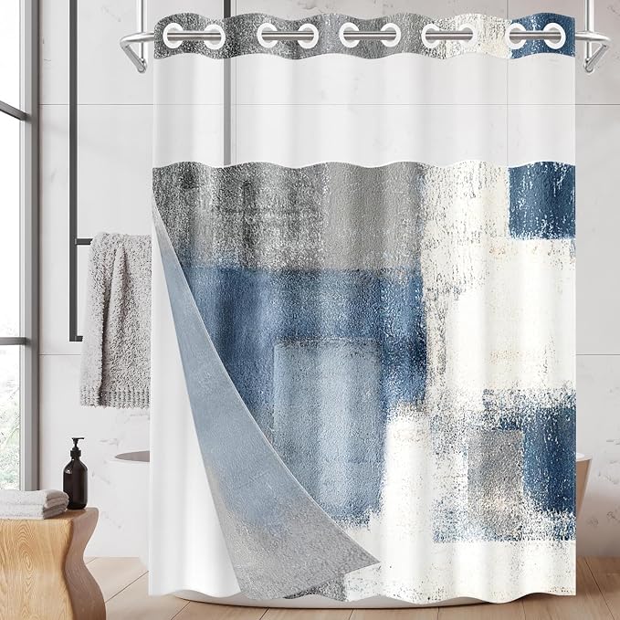 No Hook Blue Grey Painting Shower Curtain by Nesphy