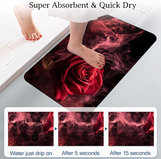 Elightvap Red Rose Bathroom Mat Quick Drying Non Slip Bath Mats Absorbent - Image 3