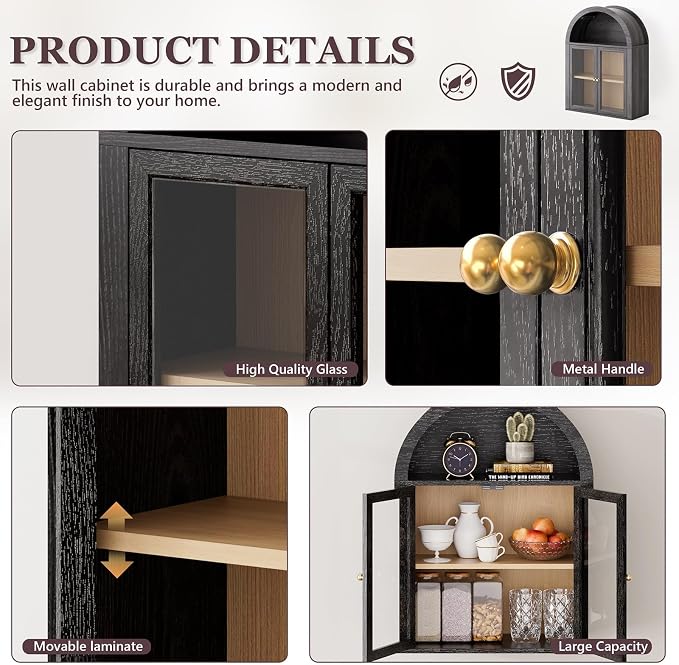 Arched Medicine Cabinets with Tempered Glass Doors, Wall Mounted Display - Image 4