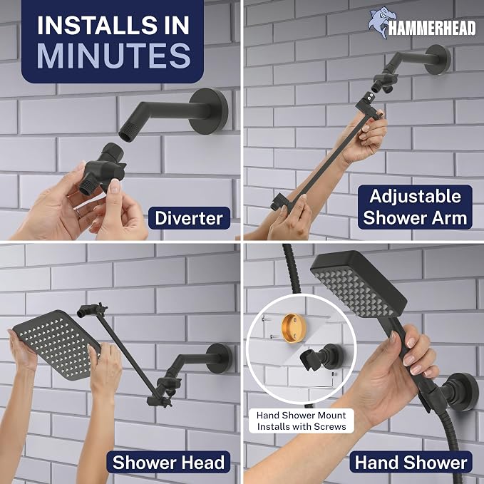 HammerHead® Solid Metal Dual Shower Head Combo — 8" Square Rain Shower Head - Image 5