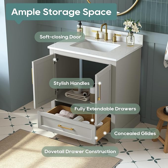 30 Inch Bathroom Vanity with Sink Combo, Solid Wood Frame with Mable Top - Image 4