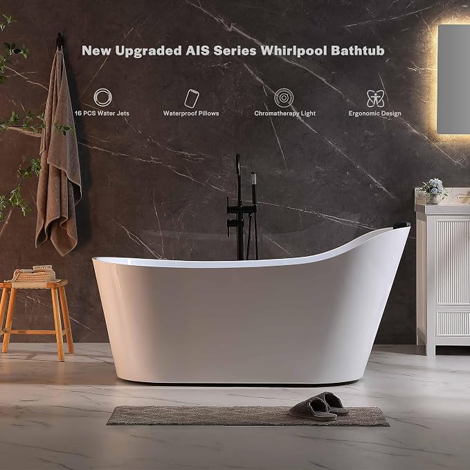 Empava Update Acrylic Whirlpool Bathtub, 67-Inch Freestanding Gracefully Oval - Image 5