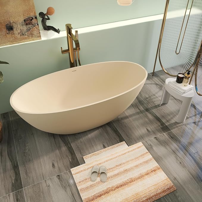 65" Premium Solid Surface Free Standing Bathtub, Upgraded Milky Coffee Design - Image 2