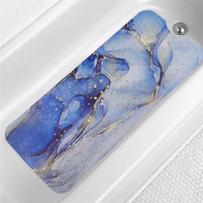 Blue Bathtub Mat Non Slip Marble Gold Line Extra Long Bath Mat by Denifeiya