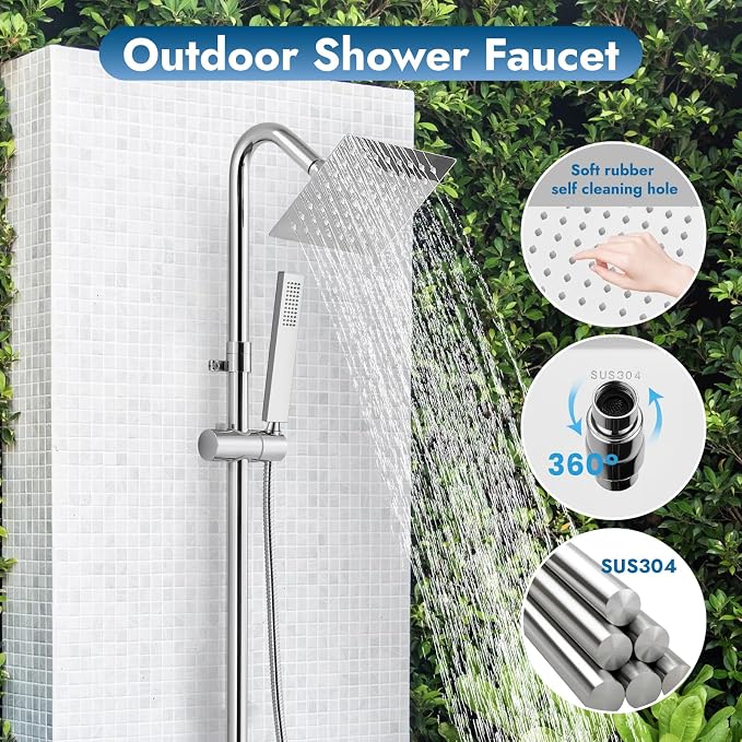 Wall Mount Outdoor Shower Kit Polish Chrome 6" Square Rainfall Shower Head - Image 2