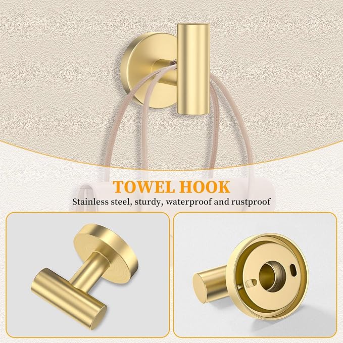 Brushed Gold Towel Bar Set 10 Pieces Round Bathroom Hardware Set Includes - Image 5