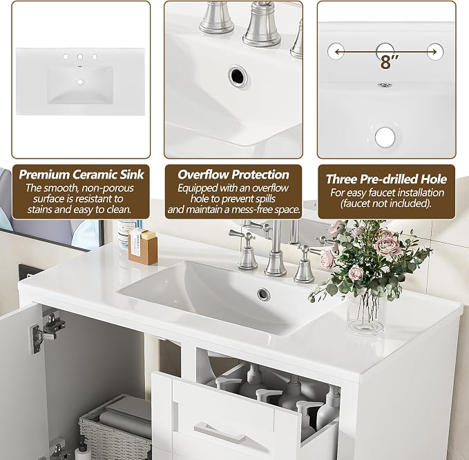 36" Bathroom Vanity with Solid Pine Frame, 1 Soft Close Door and 3 Drawers - Image 6