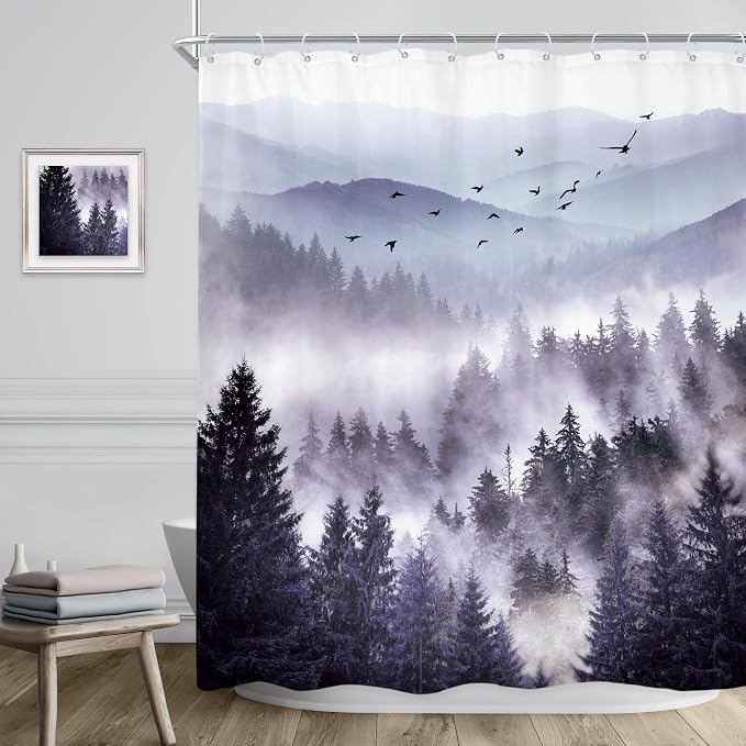 Riyidecor Purple Shower Curtain，Mountain Shower Curtains - Image 3