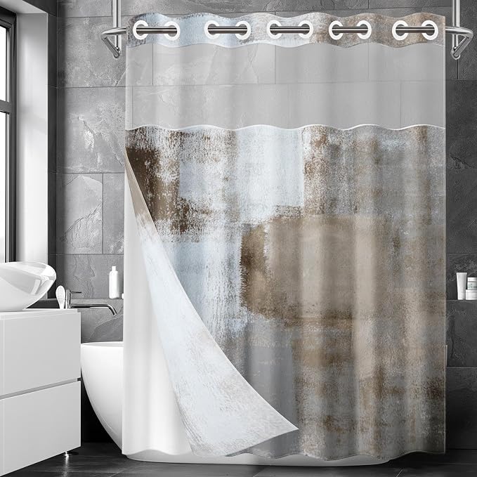 No Hook Grey Brown Painting Shower Curtain - Image 7