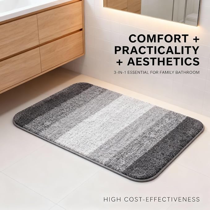 Grey Bathroom Rug Ultra Absorbent Machine Washable Microfiber Mat - Image 2