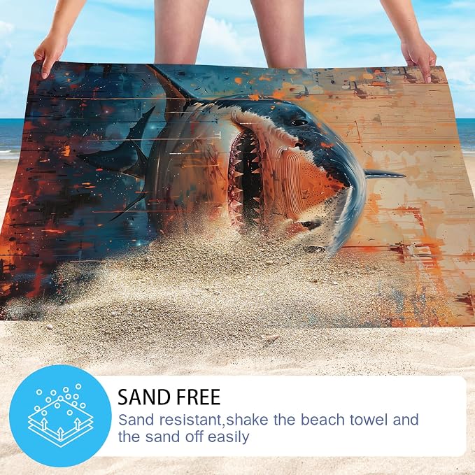 WZOMT Shark Beach Towel, Microfiber Shark Fishing Towel, Retro Ocean Fish Blue - Image 4