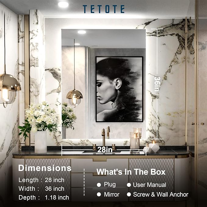 TETOTE 36 x 28 LED Backlit Bathroom Vanity Mirror - Image 6