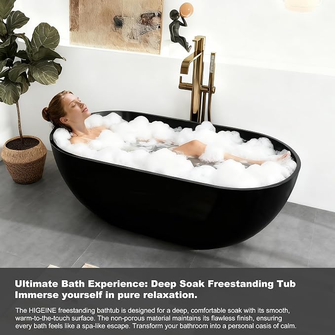 59" Premium Matte Black Solid Surface Freestanding Bathtub, Modern Design Stone - Image 5