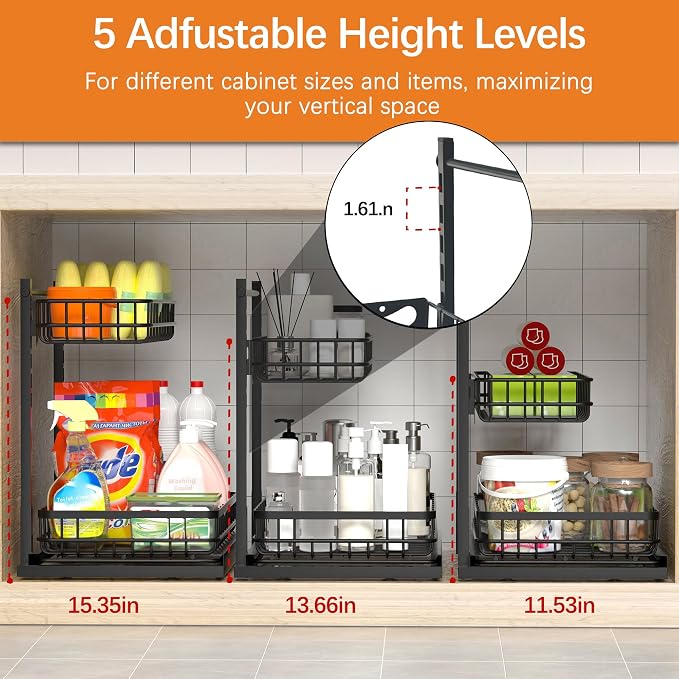 Under Sink Organizer, Adjustable Height Pull-Out Kitchen Storage Organization - Image 4