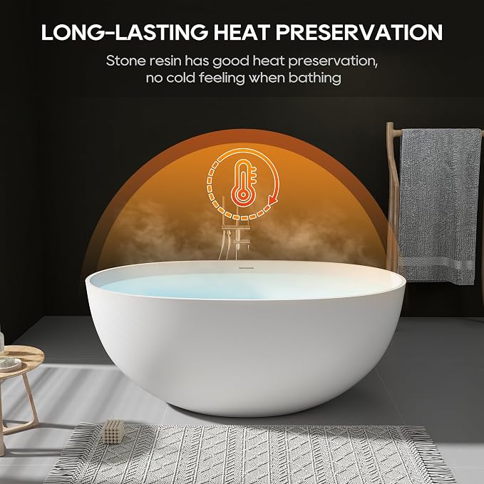 SJ STAR&JANE 55" Solid Surface Freestanding Bathtub, Stone Resin Oval Soaking - Image 4