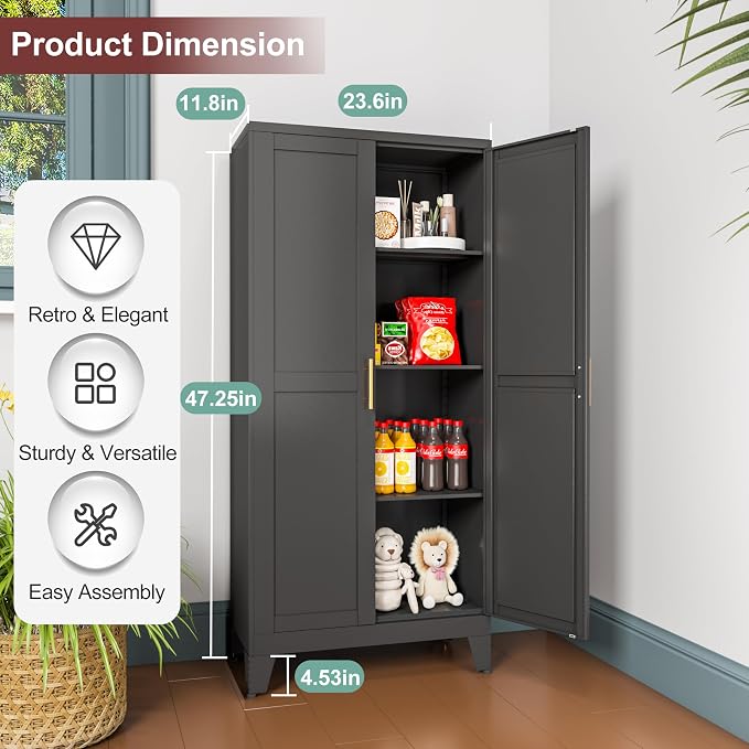 Metal Pantry Cabinet with 2 Doors and Adjustable Shelves, Kitchen Storage - Image 2