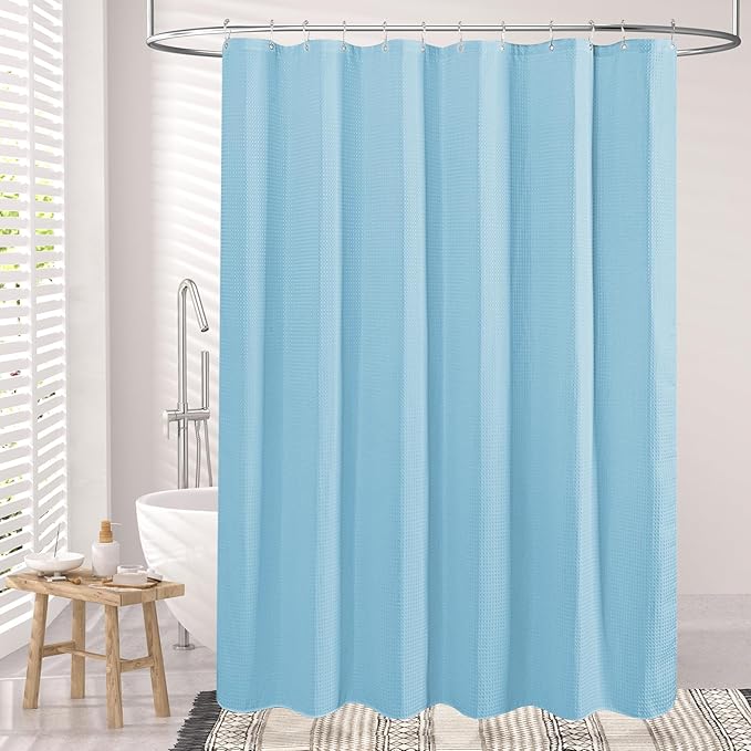 AmazerBath Baby Blue Shower Curtain Fabric, Waffle Shower Curtain Polyester - Image 2