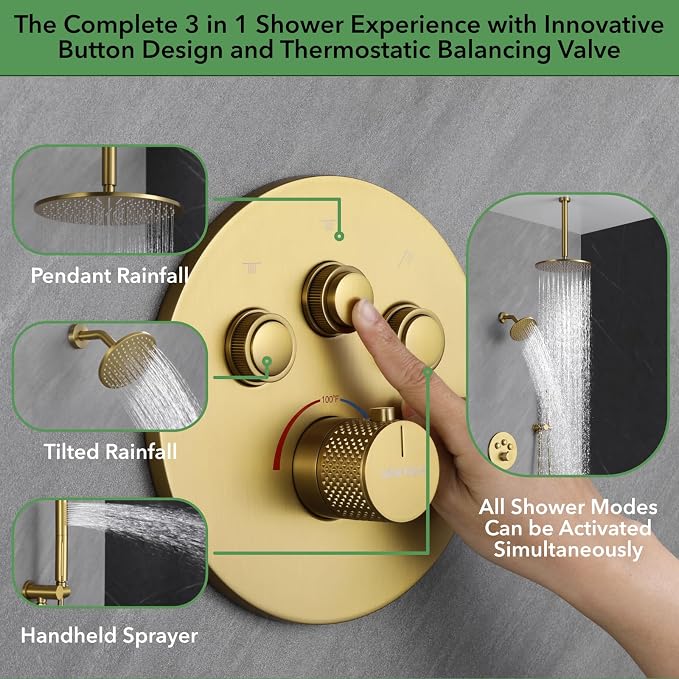 VANFOXLE Thermostatic Shower Faucet Set Brushed Gold Shower System, Push Button - Image 5