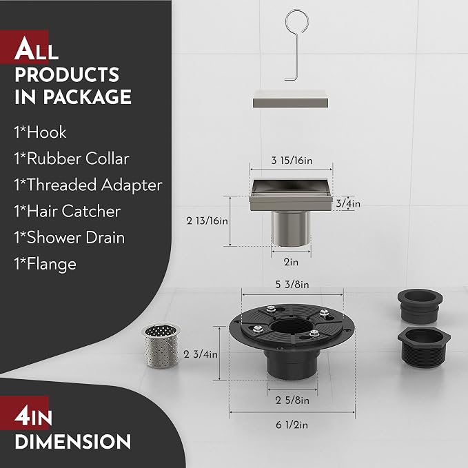 WEBANG 4 Inch Square Shower Drain Nickel Floor Drain - Image 2