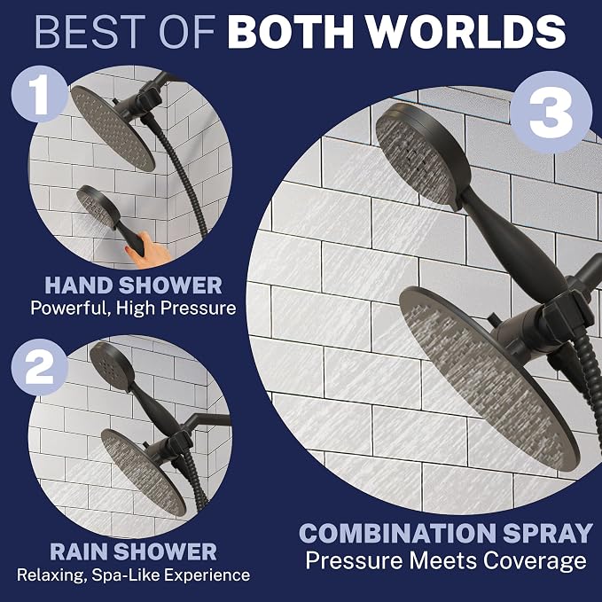 HammerHead Showers Dual Shower Head Combo, 8-Inch Rainfall & 3-Flow Handheld - Image 3