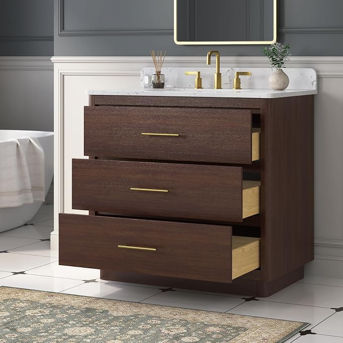 36 Inch Bathroom Vanity with Sink, Solid Wood Frame with Engineered Marble - Image 5