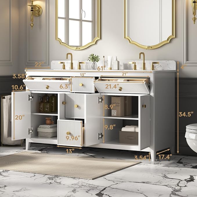 60 Inch Bathroom Vanity with Double Sink, Solid Wood Frame Bathroom Sink - Image 2