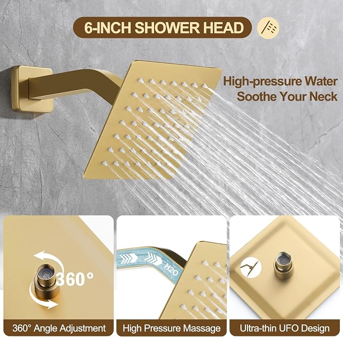 12 Inch Rain Shower System, Brushed Gold Shower Faucet Set - Image 6