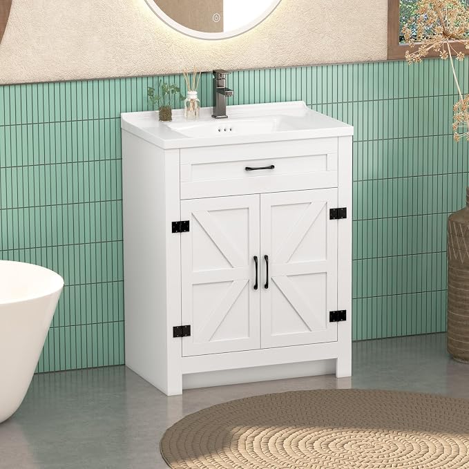 24 Inch Bathroom Vanity with Sink, Small Bathroom Sink Cabinet with 2 Barn Doors by Umeiga