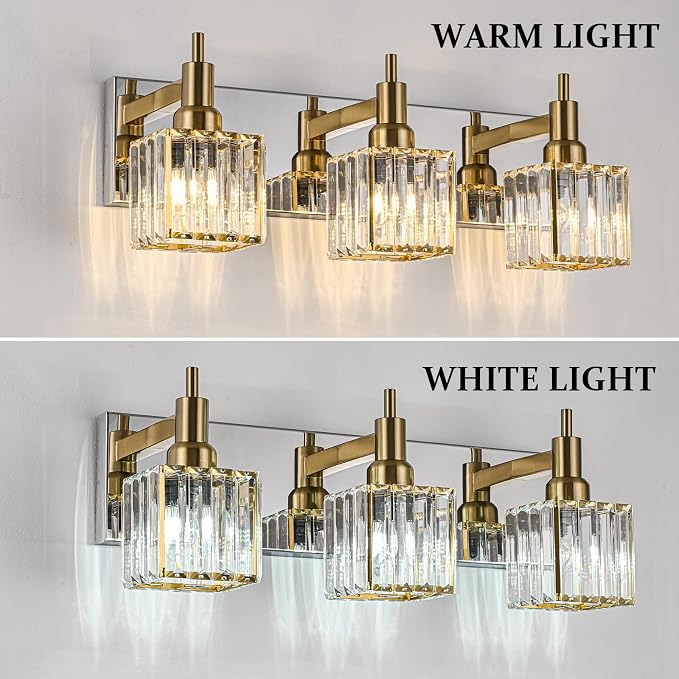 Crystal Bathroom Vanity Light Gold Chrome 3-Light Modern Bathroom Lighting - Image 6