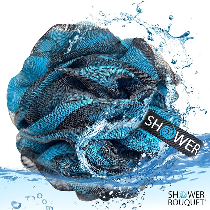 SHOWER BOUQUET Loofah-Charcoal Bath-Sponge XL-4-Pack-Blue-Green // Extra Large - Image 4