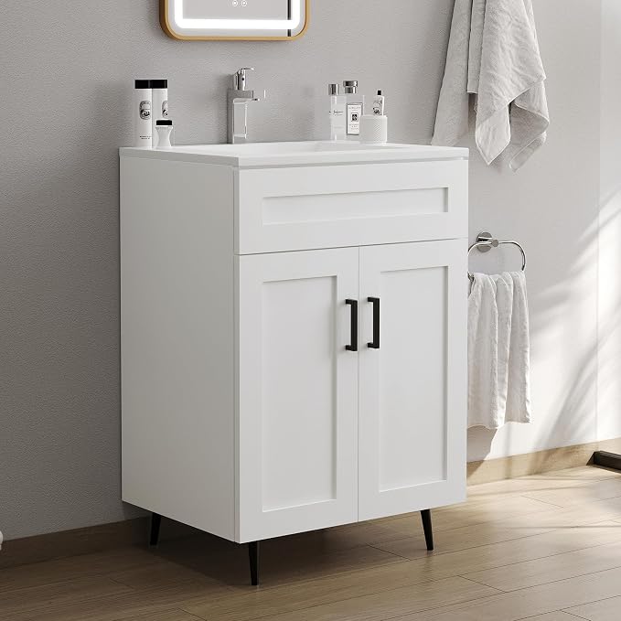 24" Bathroom Vanity with Sink, Freestanding Wooden Bathroom Vanity with 2 Doors - Image 3