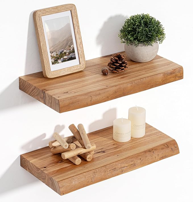 Floating Shelves for Wall Decor, Rustic Solid Elm Wood Live Edge Floating by FLYJOE
