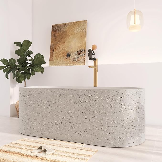63" Premium Travertine Solid Surface Freestanding Bathtub, Unique Matte - Image 6