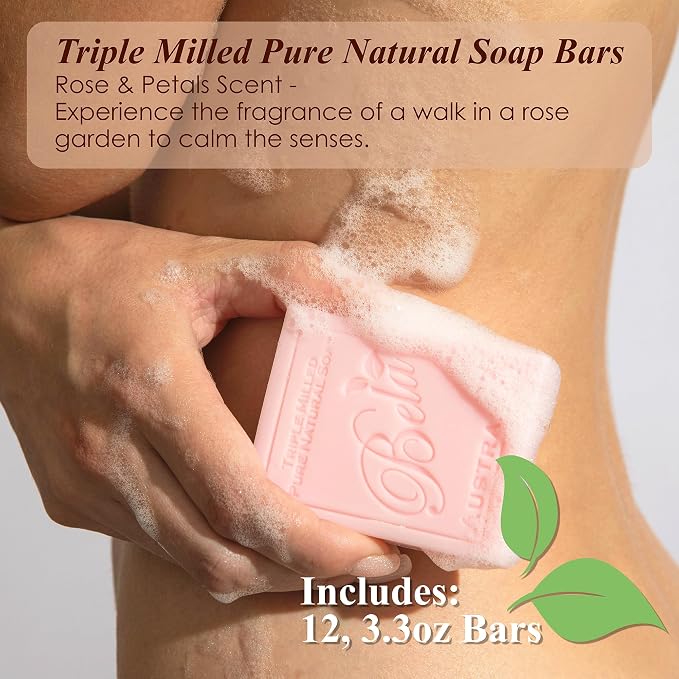 BELA Rose Soap 3.3 OZ Pack of 12, French Triple Milled Bar Soap Rose and Petals - Image 2