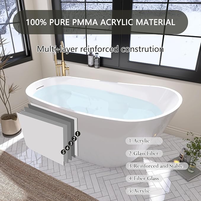 67" Free Standing Tub, Pure Acrylic Freestanding Bathtub, Stylish Stand Alone - Image 7