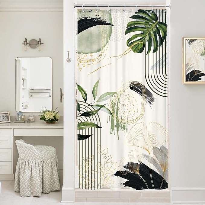 Grey Green Boho Small Shower Curtain 36Wx72H Stall RV Narrow Tropical Palm by MitpokBrand