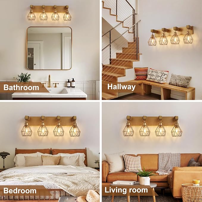 Farmhouse Bathroom Light Fixtures, 4-Light Gold Bathroom Vanity Light, Rustic - Image 7