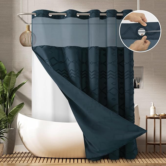 No Hooks Shower Curtain with Snap-in Liner, Water Repellent Luxury Shower by PANGSINNEDirect