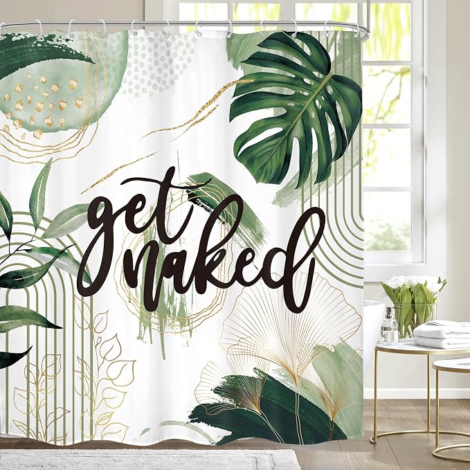 Green Boho Shower Curtain 72Wx72H Sage Green Golden Get Naked Abstract by MitpokBrand