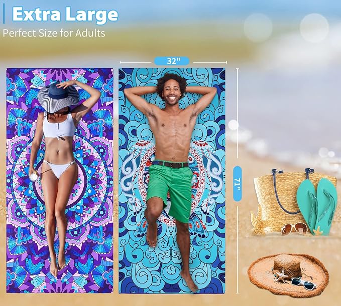 2 Pack Microfiber Oversized Lightweight Beach Towel 71"x32" Extra Thin Large - Image 3