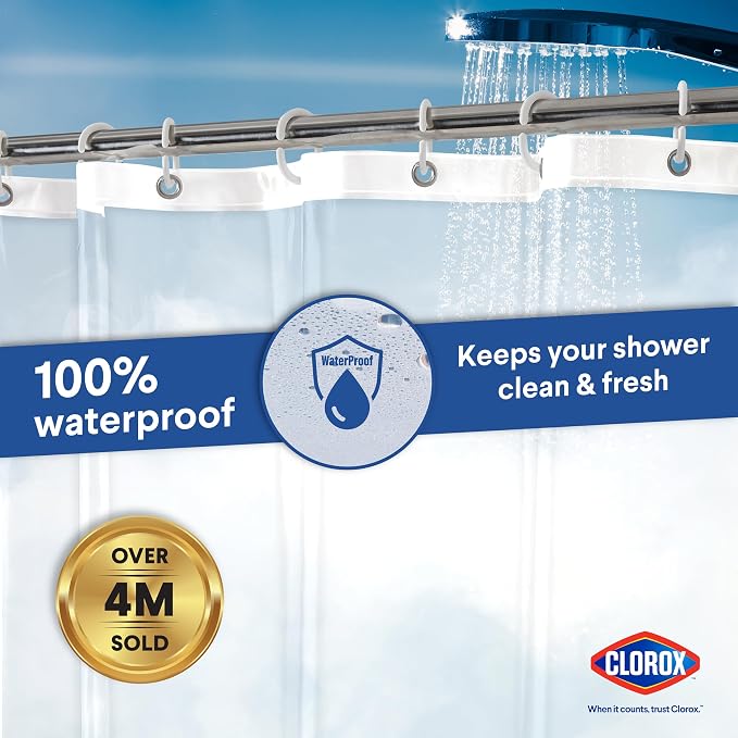 Clorox Shower Curtain Liner & Hooks, Premium Lightweight Flexible Waterproof 4g - Image 6