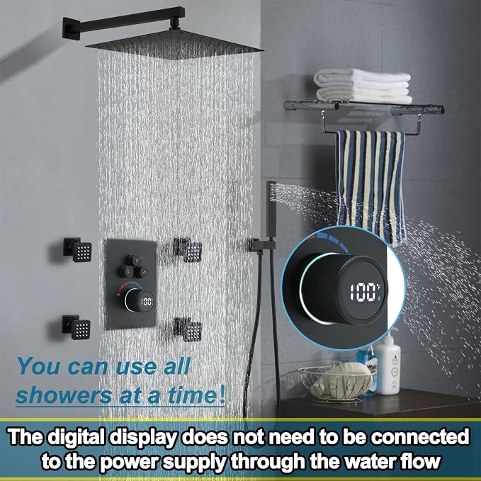 Solid Brass Shower Mixer Valve, Concealed 3 Way Outlet LED Digital Display - Image 5